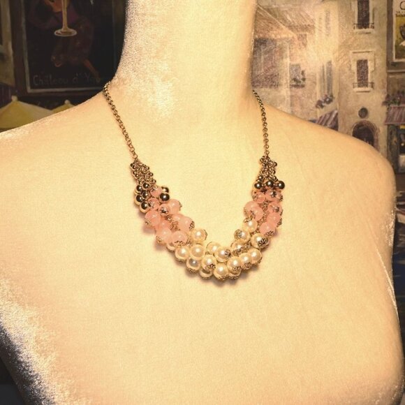Gold Pink Cream Layered Bauble Necklace Caroline C Estate Collection Piece - Picture 1 of 10